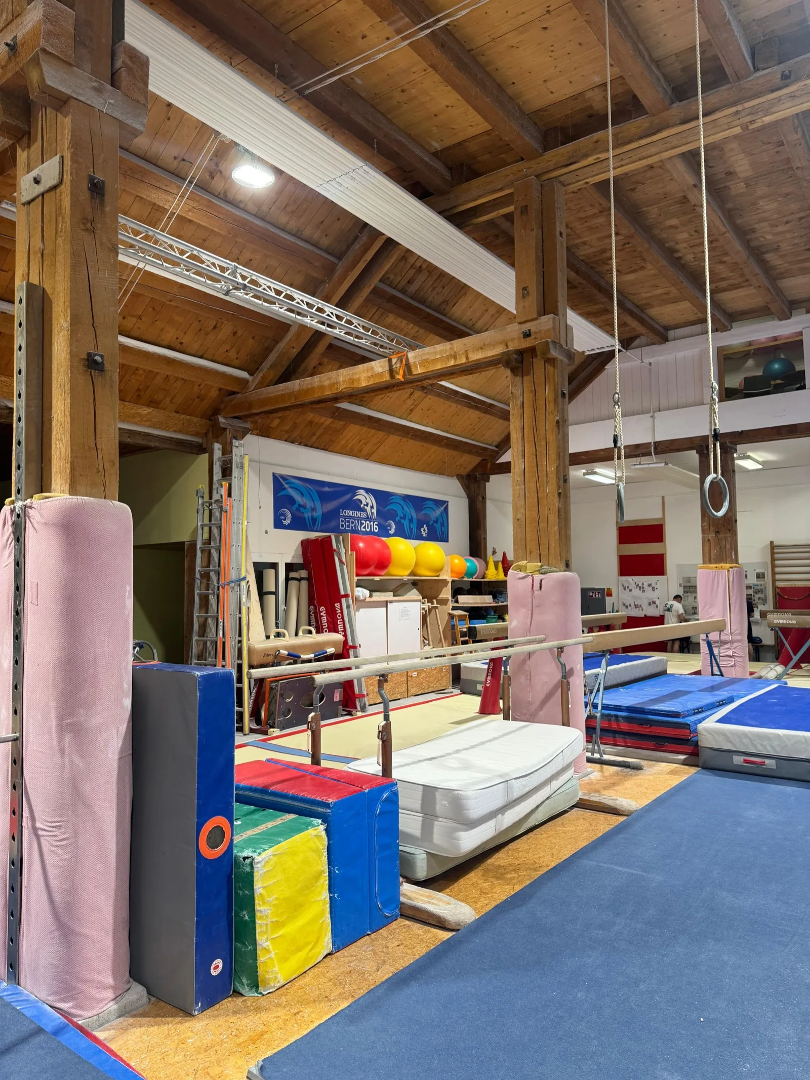 Ringe unter dem Holzdachstuhl der Emmenhalle